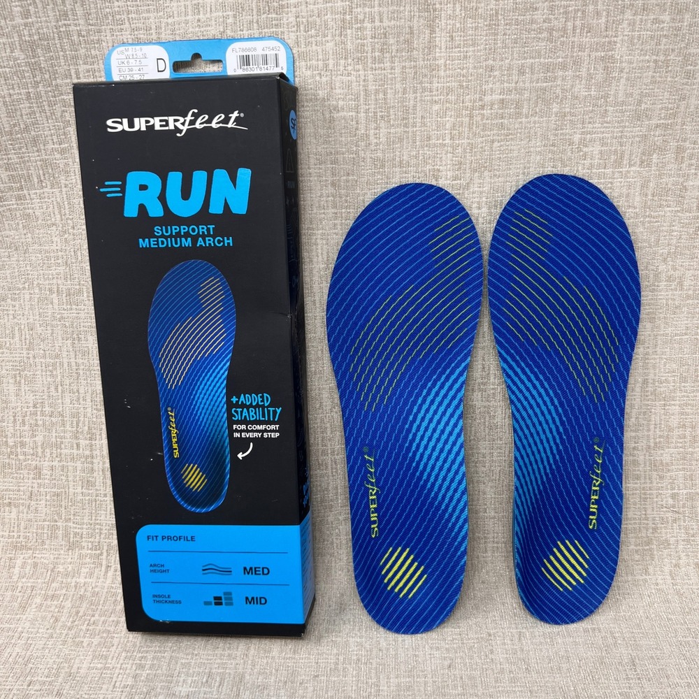 Superfeet Run Support‎ Medium Arch Insoles Size D Mens 7.5-9 Womens 8.5-10 Blue